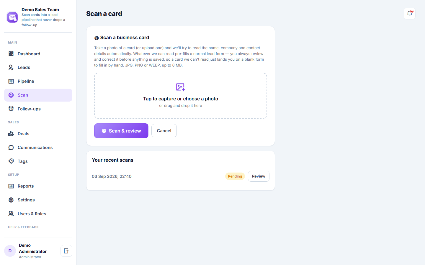 Business Card Scanner & Lead Pipeline CRM Software screenshot