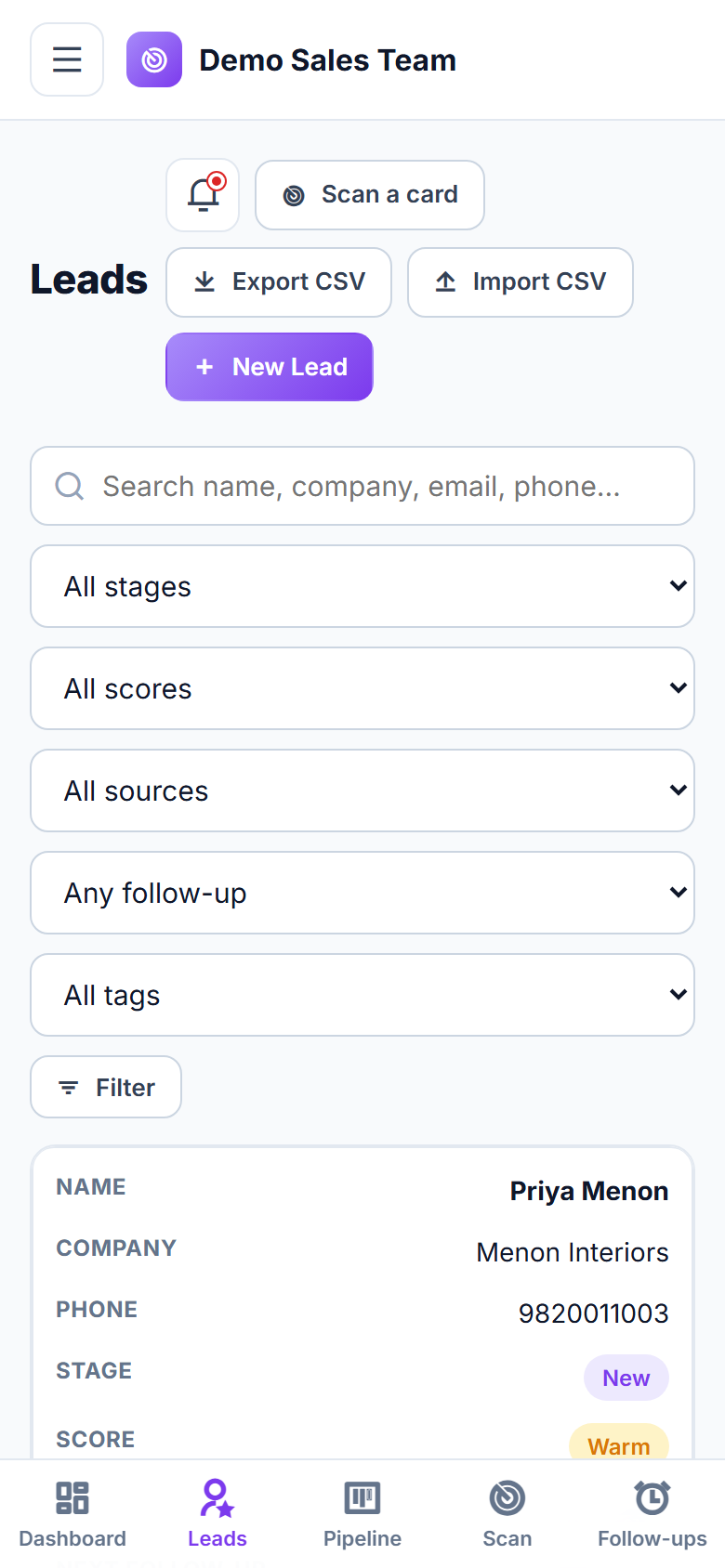Business Card Scanner & Lead Pipeline CRM Software screenshot