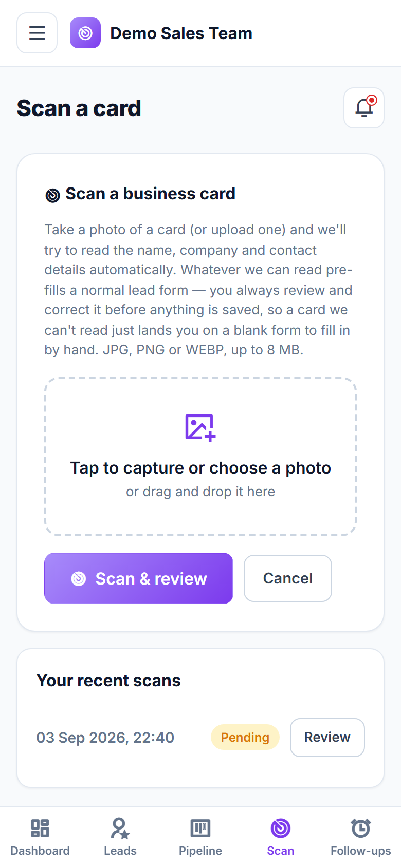 Business Card Scanner & Lead Pipeline CRM Software screenshot