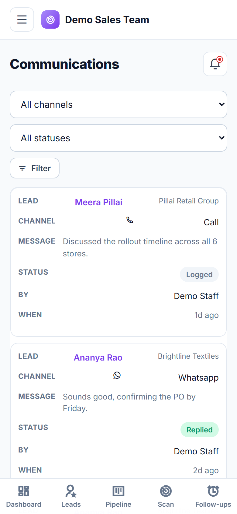 Business Card Scanner & Lead Pipeline CRM Software screenshot