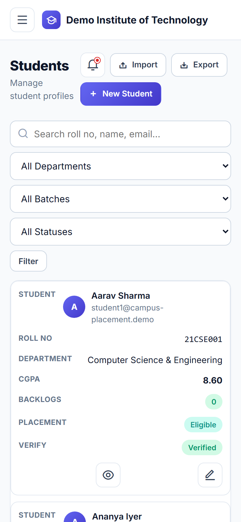 Campus Placement Management Software screenshot