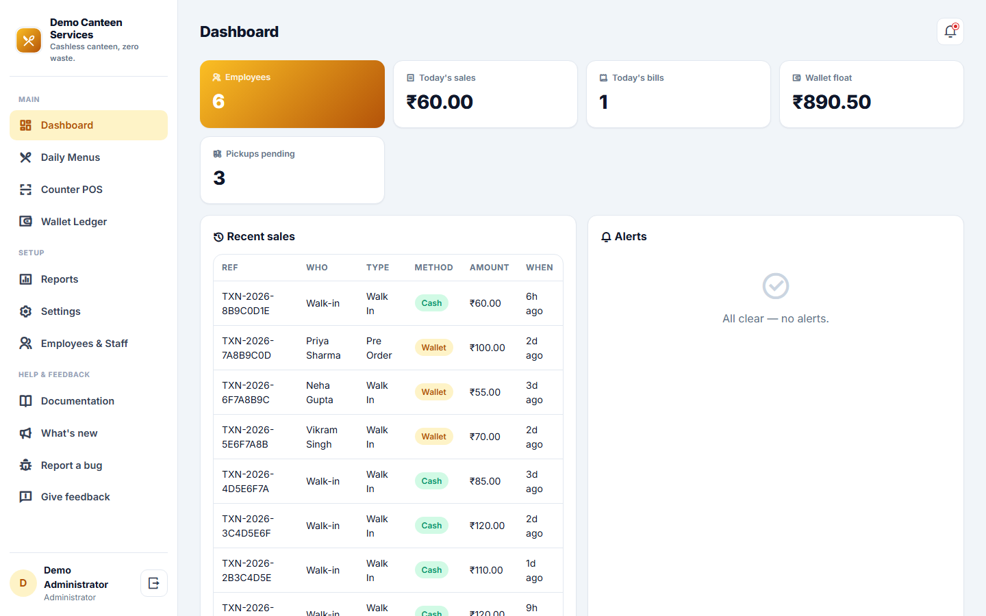 Canteen Management, Cashless Wallet and Pre-Order Software screenshot