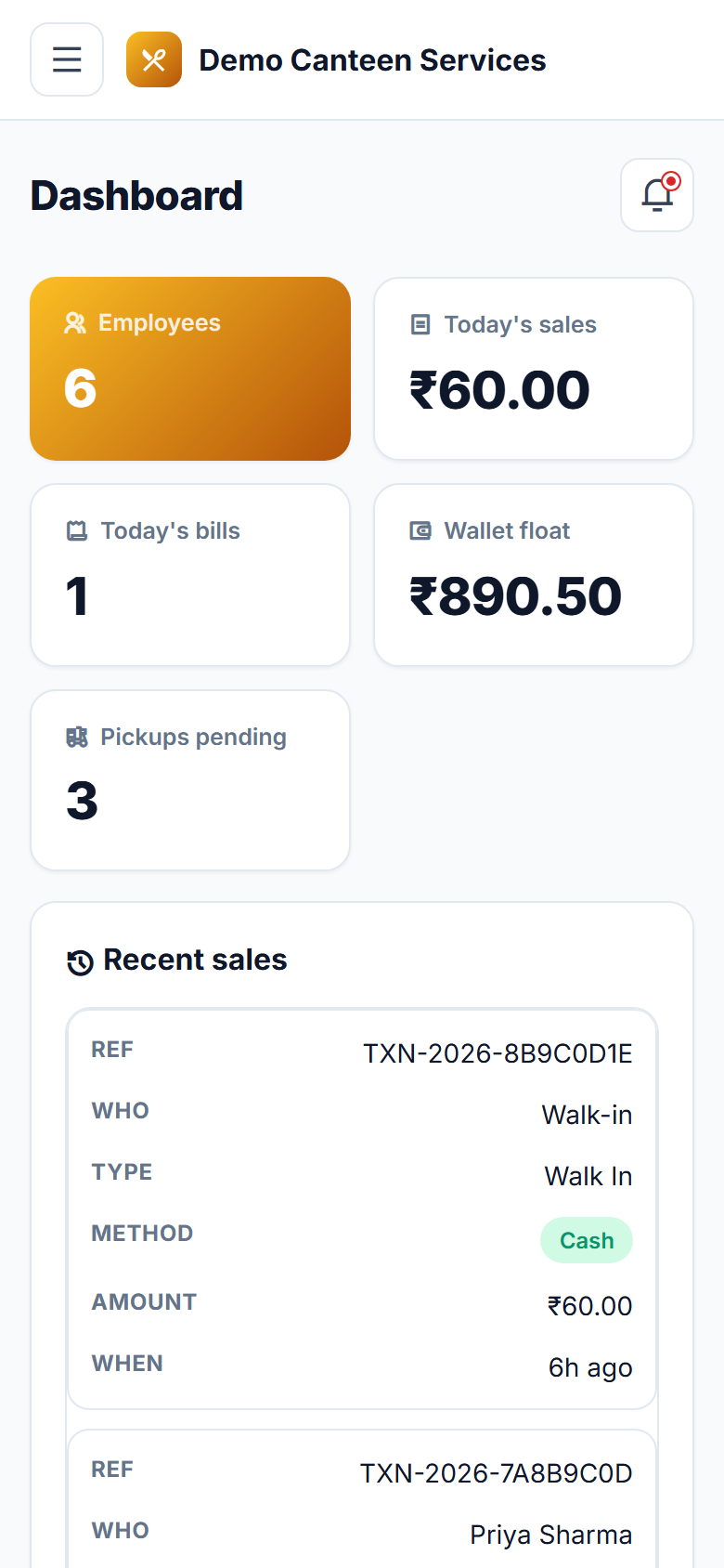 Canteen Management, Cashless Wallet and Pre-Order Software screenshot