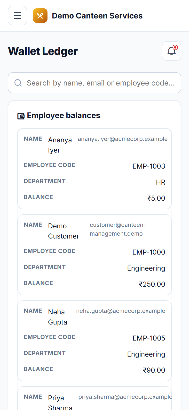 Canteen Management, Cashless Wallet and Pre-Order Software screenshot