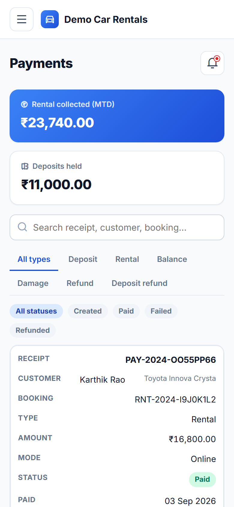 Car Rental Booking and Fleet Management Software screenshot