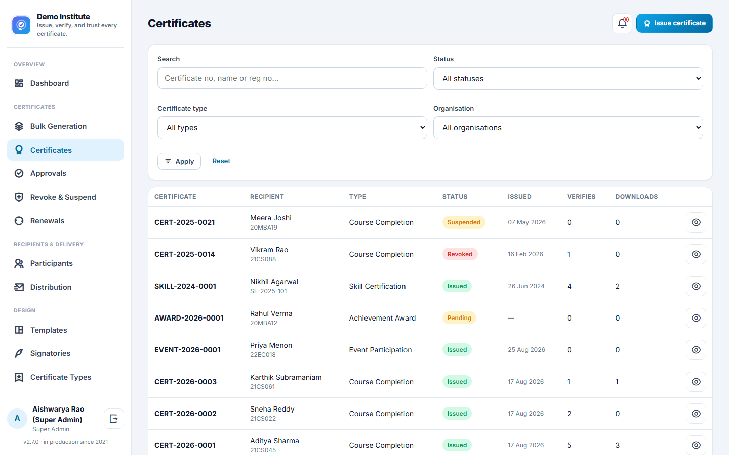 Certificate Generation & Verification Software screenshot