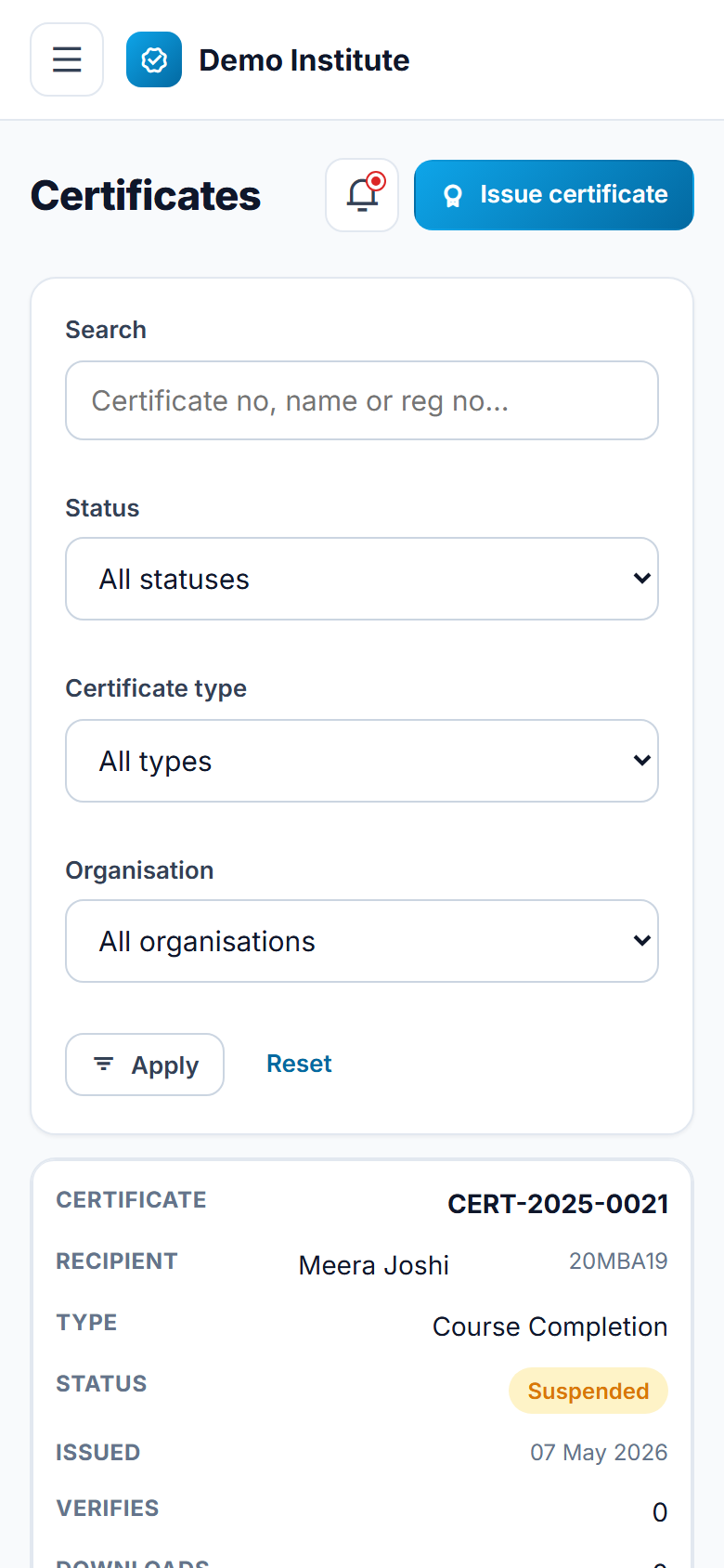 Certificate Generation & Verification Software screenshot