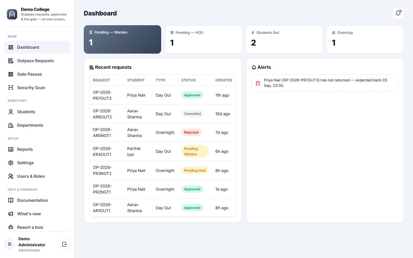 College Outpass & Gate Pass Management Software screenshot