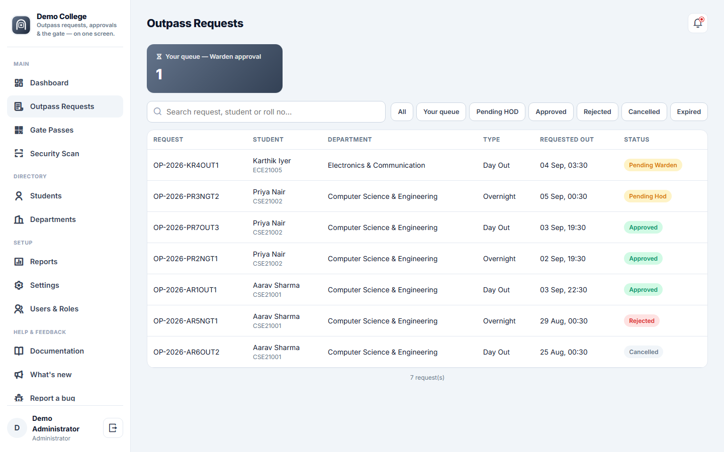 College Outpass & Gate Pass Management Software screenshot