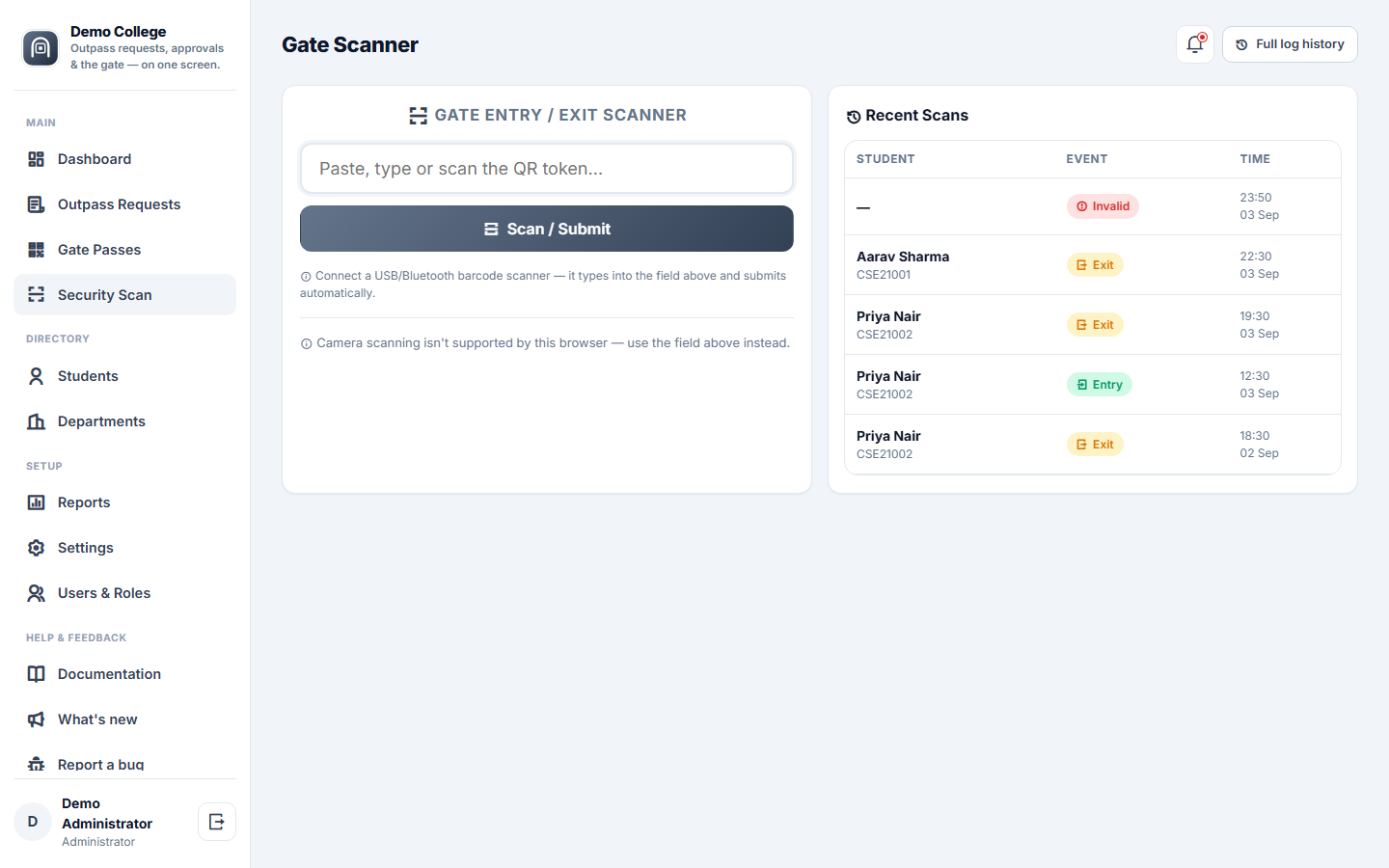 College Outpass & Gate Pass Management Software screenshot