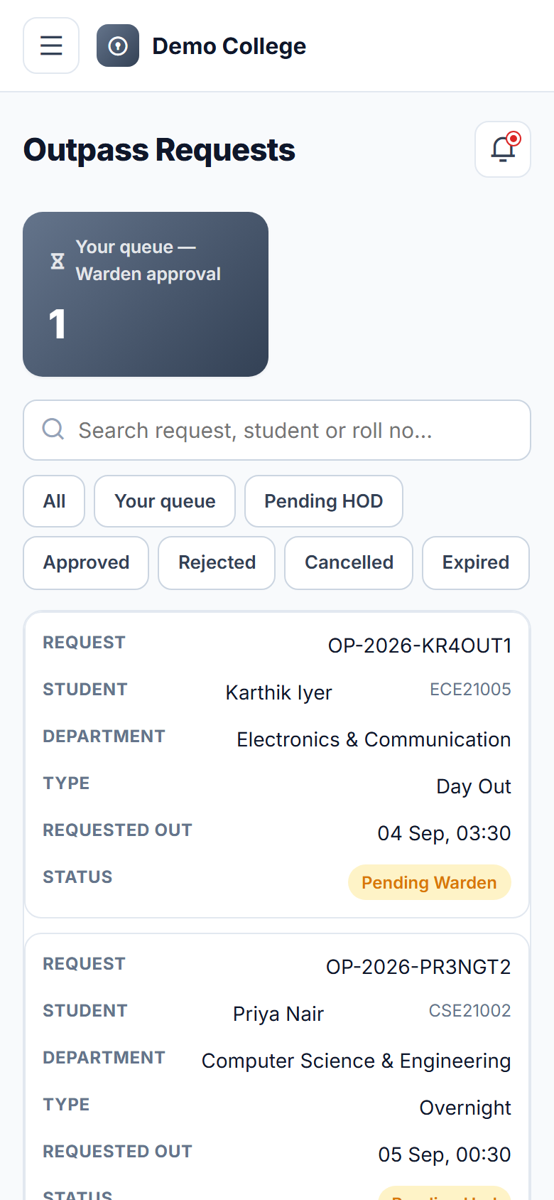 College Outpass & Gate Pass Management Software screenshot