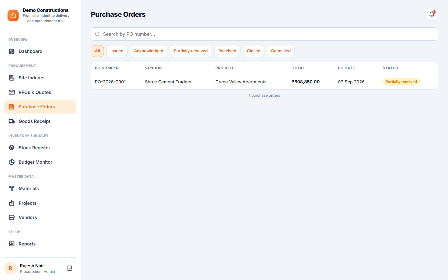 Construction Material Procurement & Vendor Management System screenshot