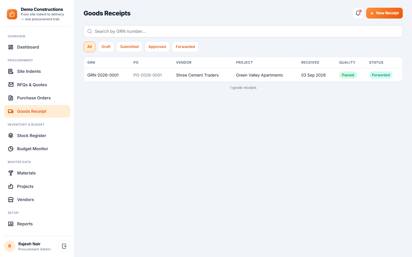 Construction Material Procurement & Vendor Management System screenshot