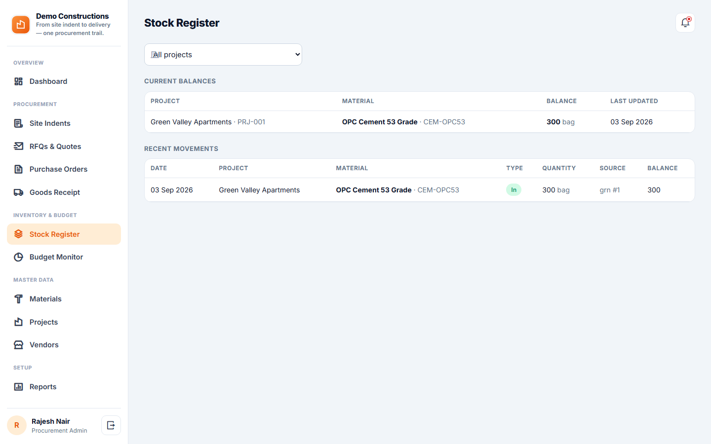 Construction Material Procurement & Vendor Management System screenshot