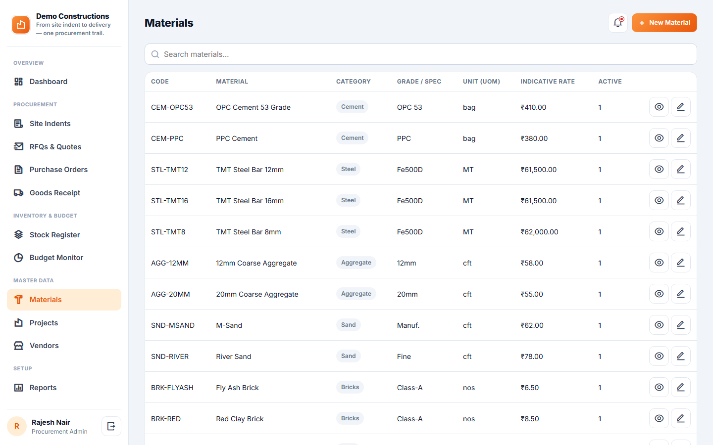 Construction Material Procurement & Vendor Management System screenshot