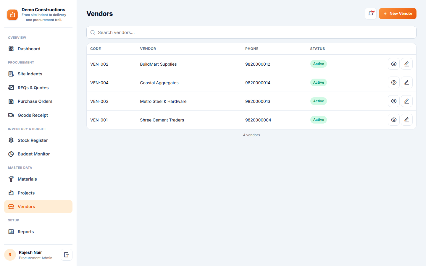 Construction Material Procurement & Vendor Management System screenshot
