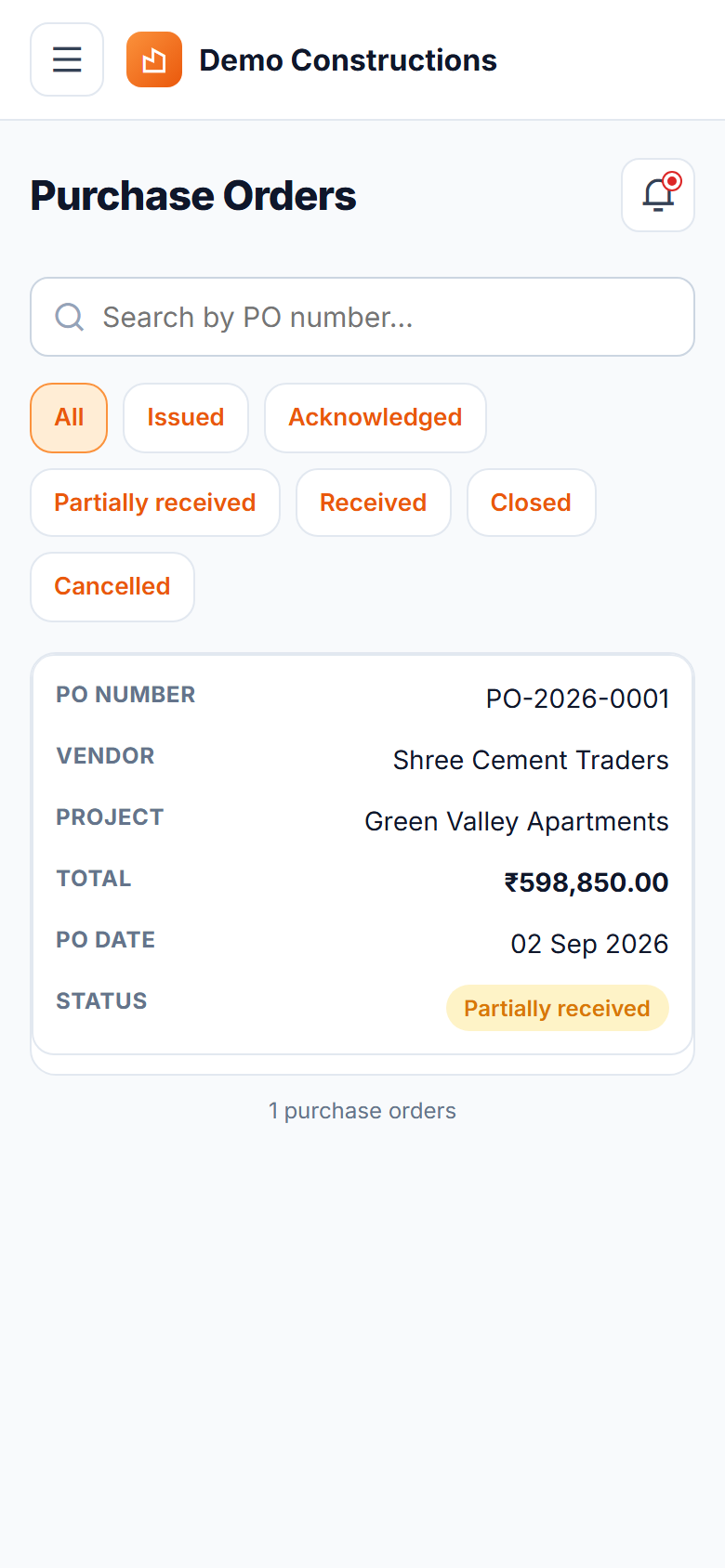 Construction Material Procurement & Vendor Management System screenshot