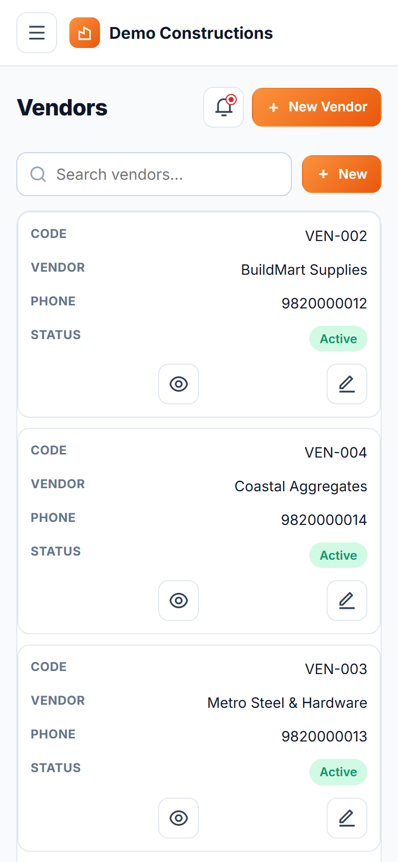 Construction Material Procurement & Vendor Management System screenshot