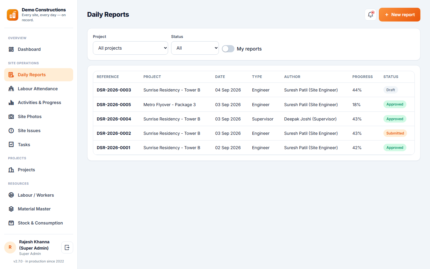 Construction Site Daily Reporting Software screenshot