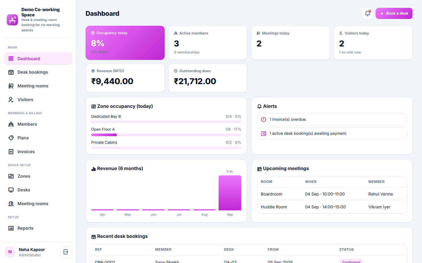 Co-working Space Booking and Management Software screenshot