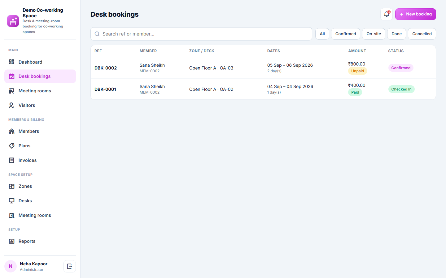 Co-working Space Booking and Management Software screenshot