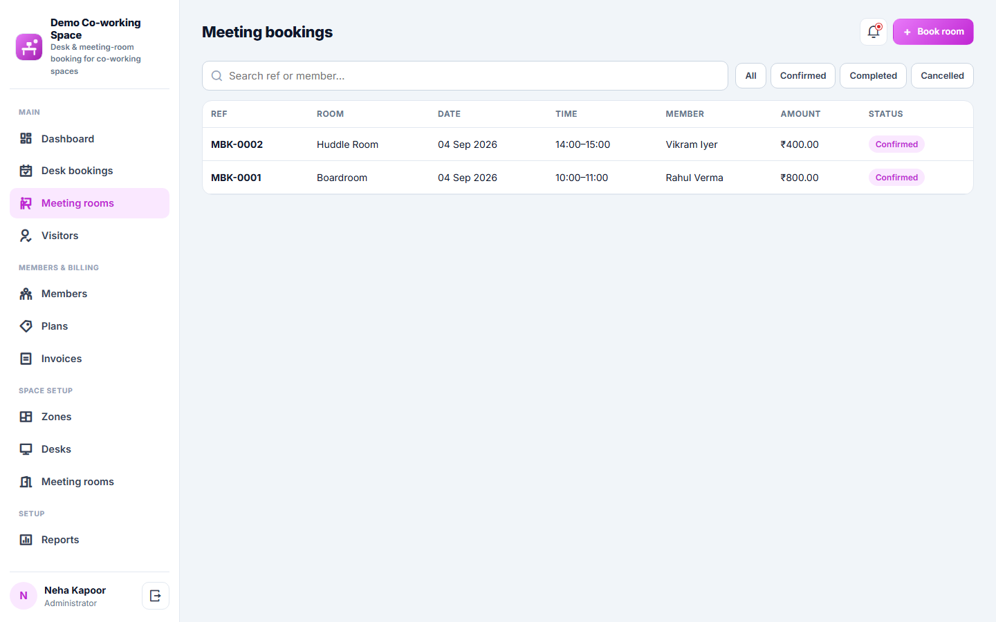 Co-working Space Booking and Management Software screenshot