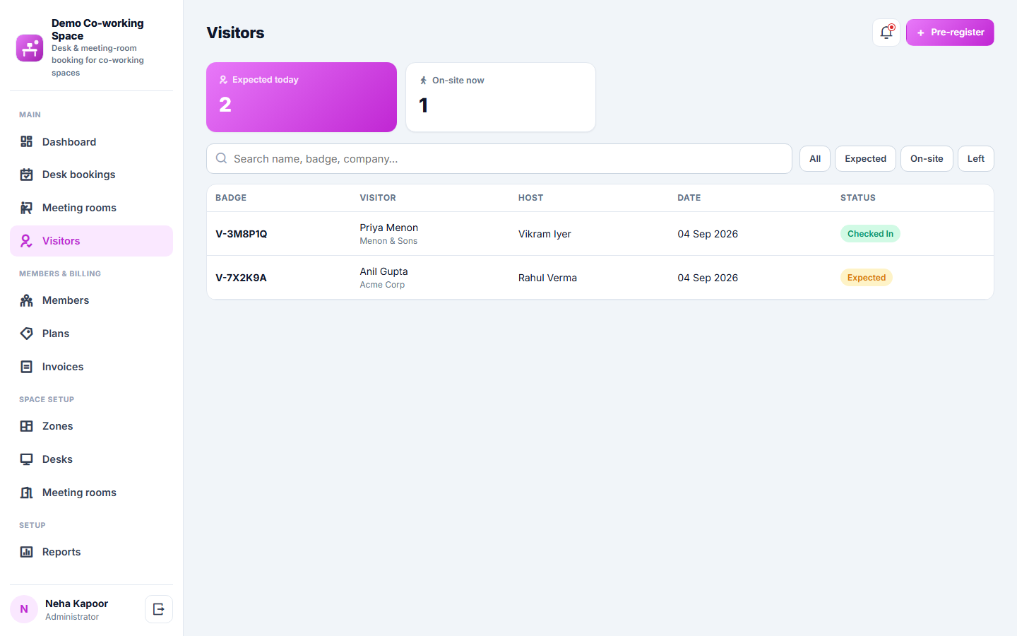Co-working Space Booking and Management Software screenshot