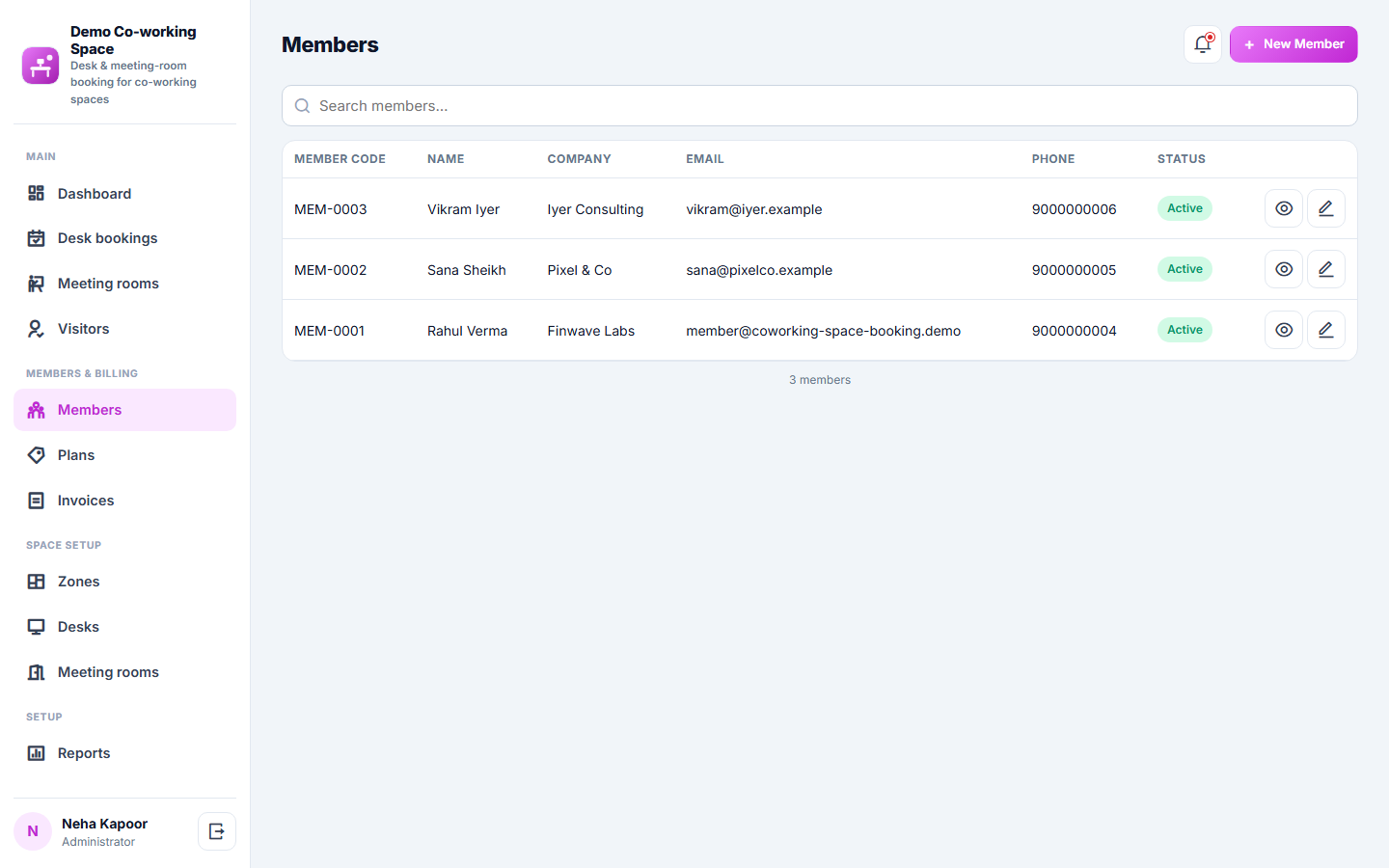 Co-working Space Booking and Management Software screenshot