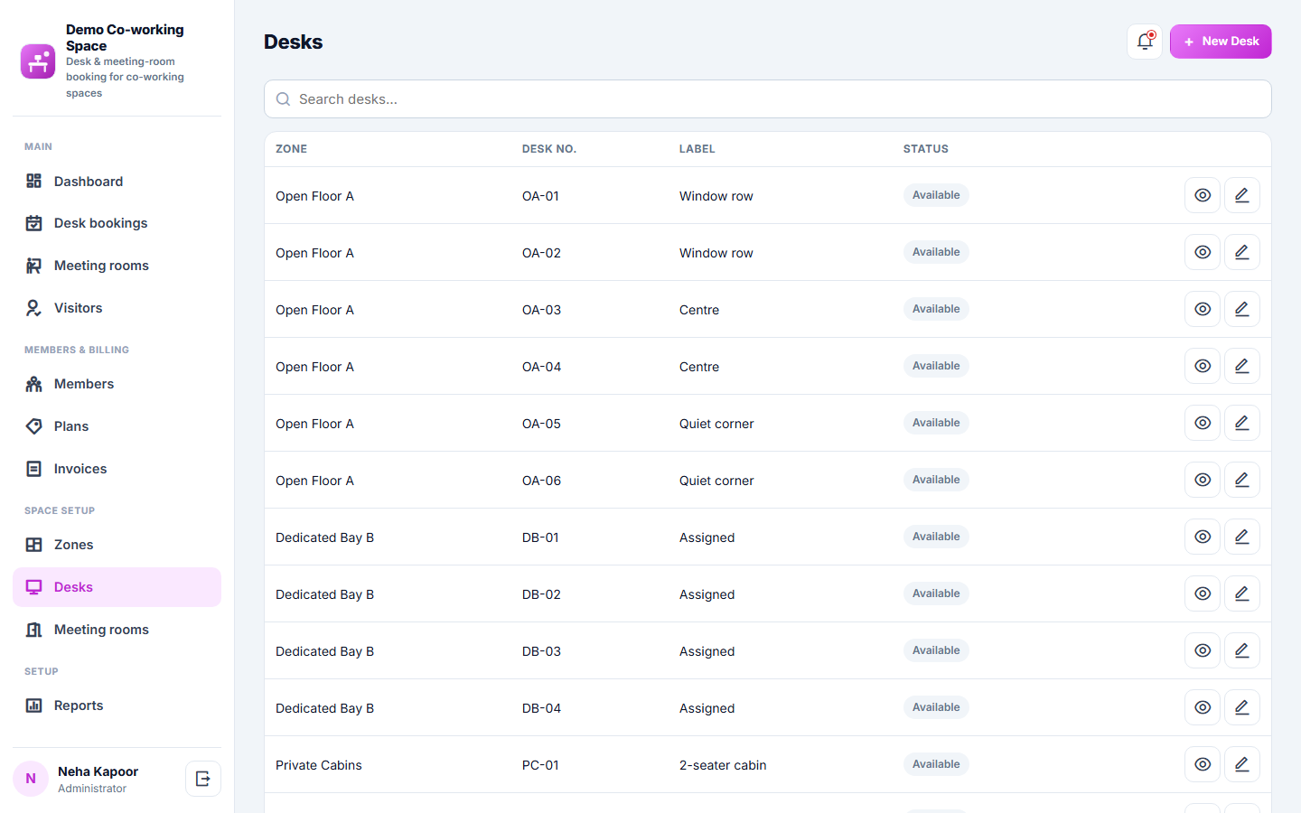 Co-working Space Booking and Management Software screenshot