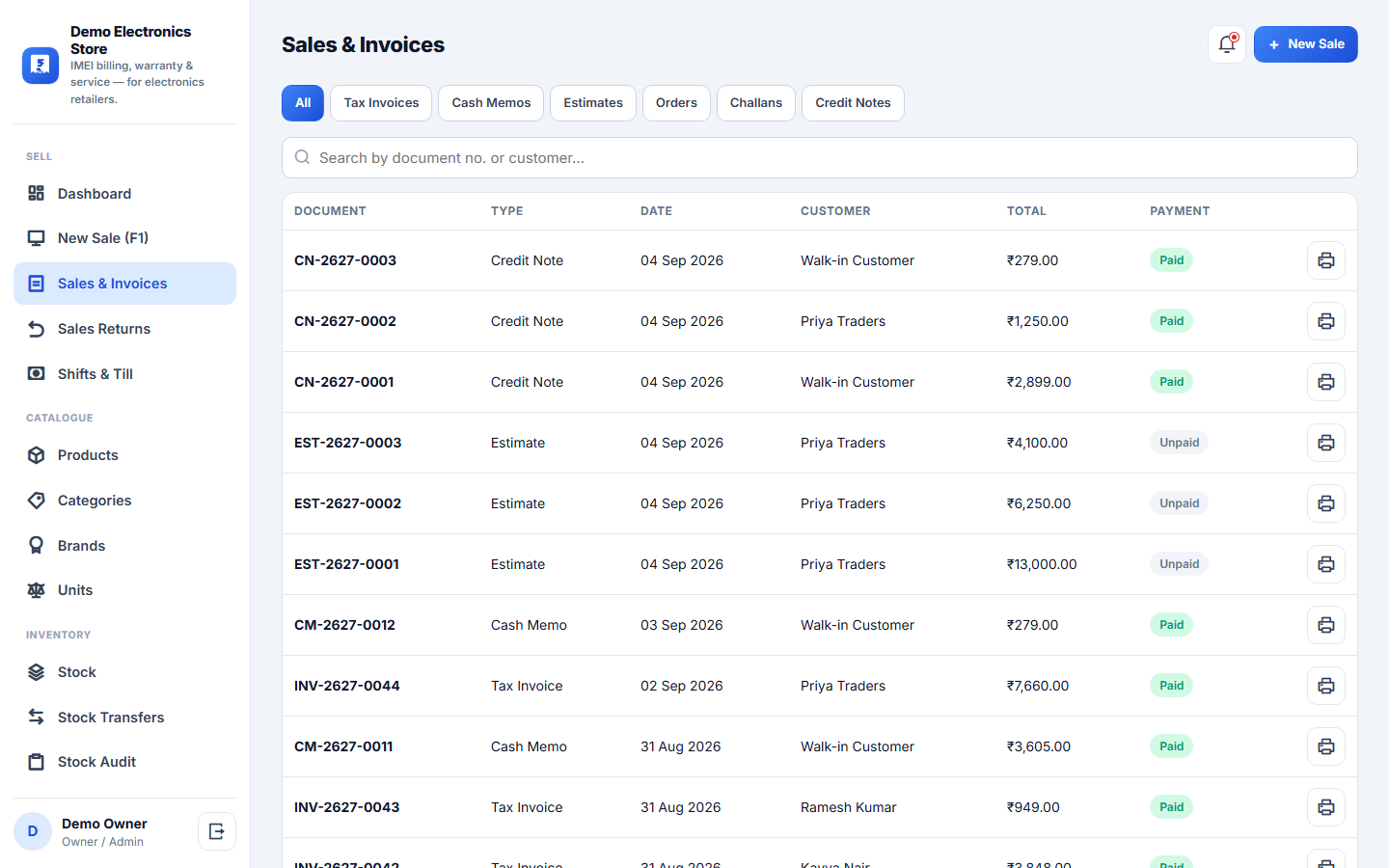 Electronics Store Billing, Warranty & Service Management Software screenshot
