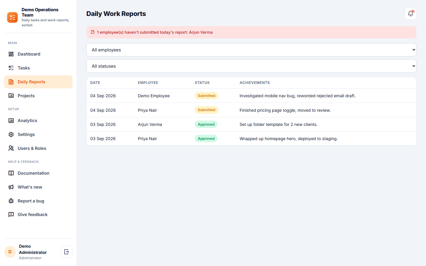 Employee Task & Daily Work Report Software screenshot
