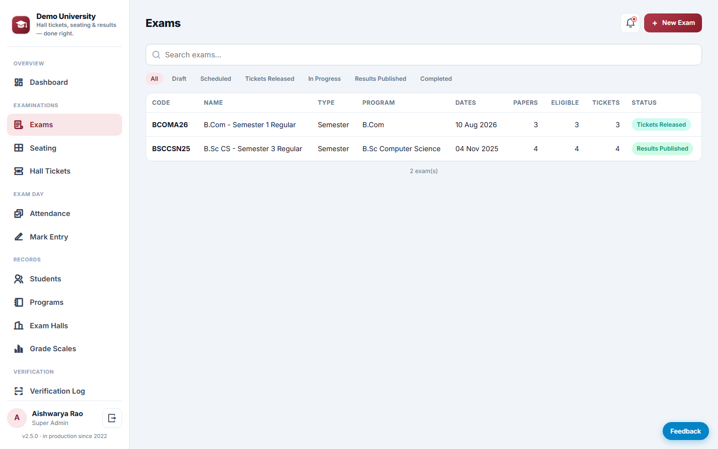 Exam Hall Ticket & Result Management System screenshot