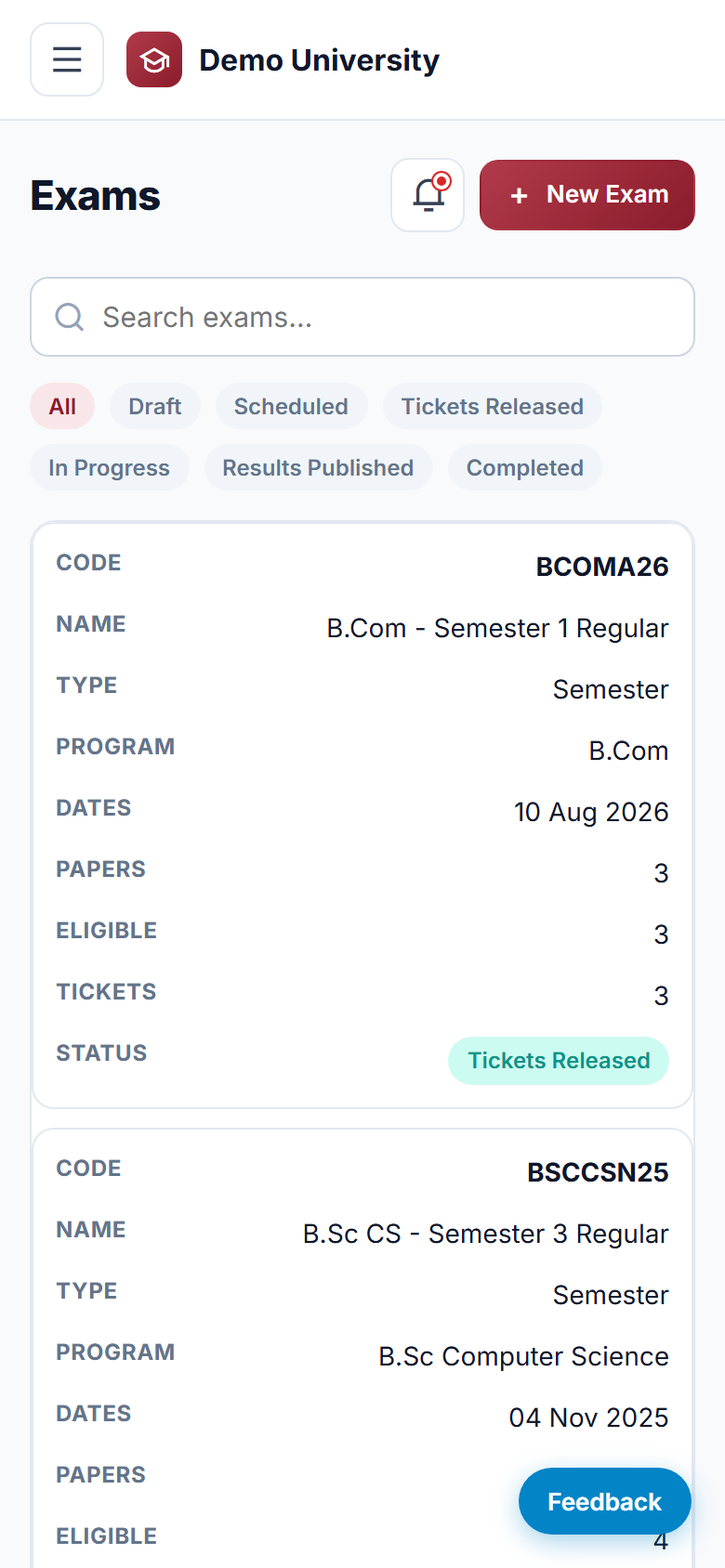 Exam Hall Ticket & Result Management System screenshot