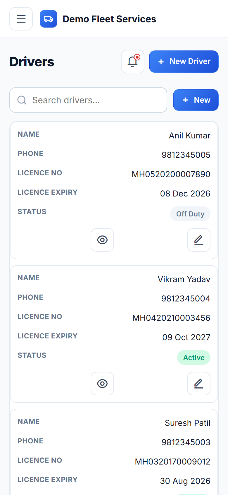 Vehicle Fleet Management System screenshot
