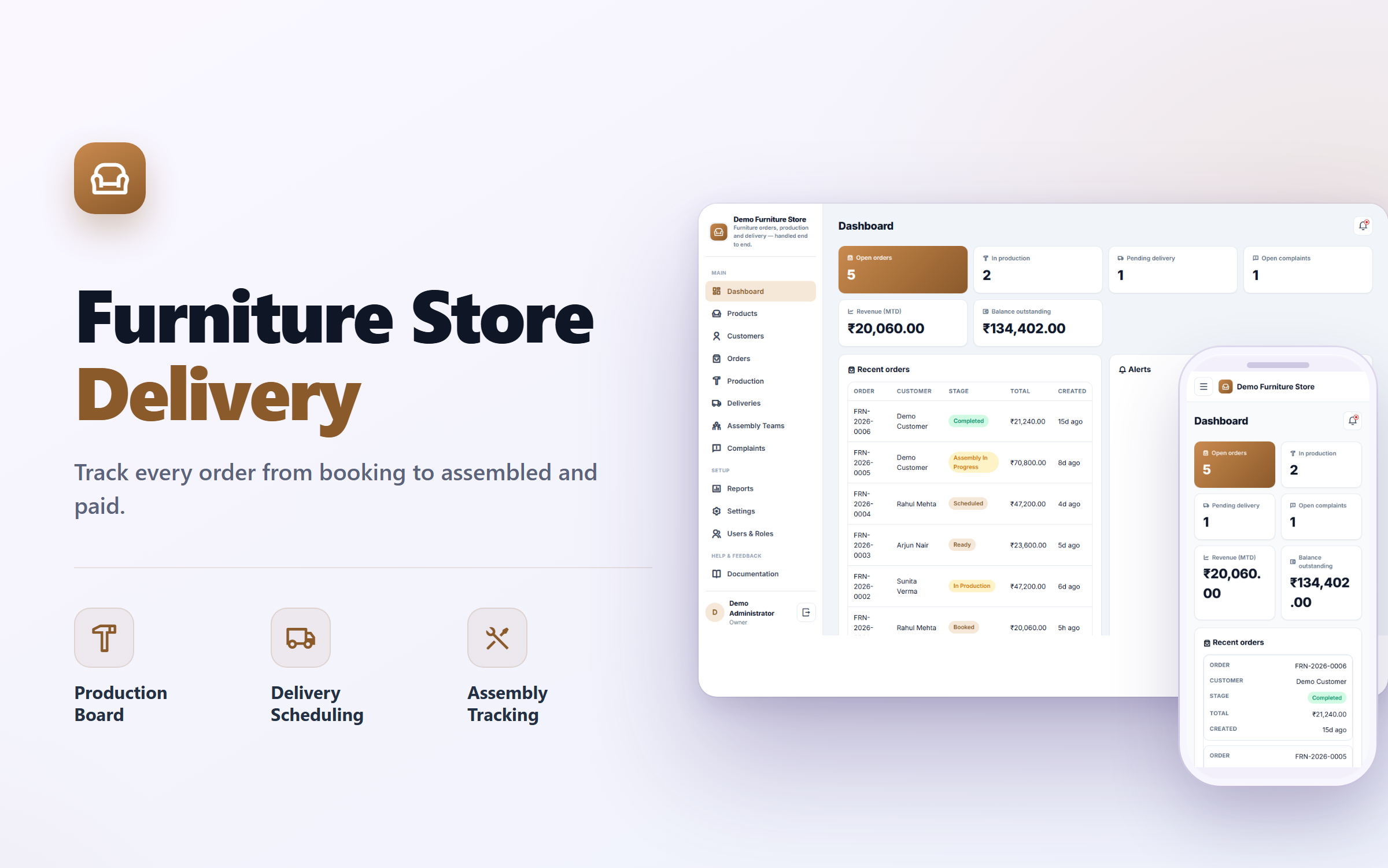 Furniture Store Order, Production and Delivery Management Software