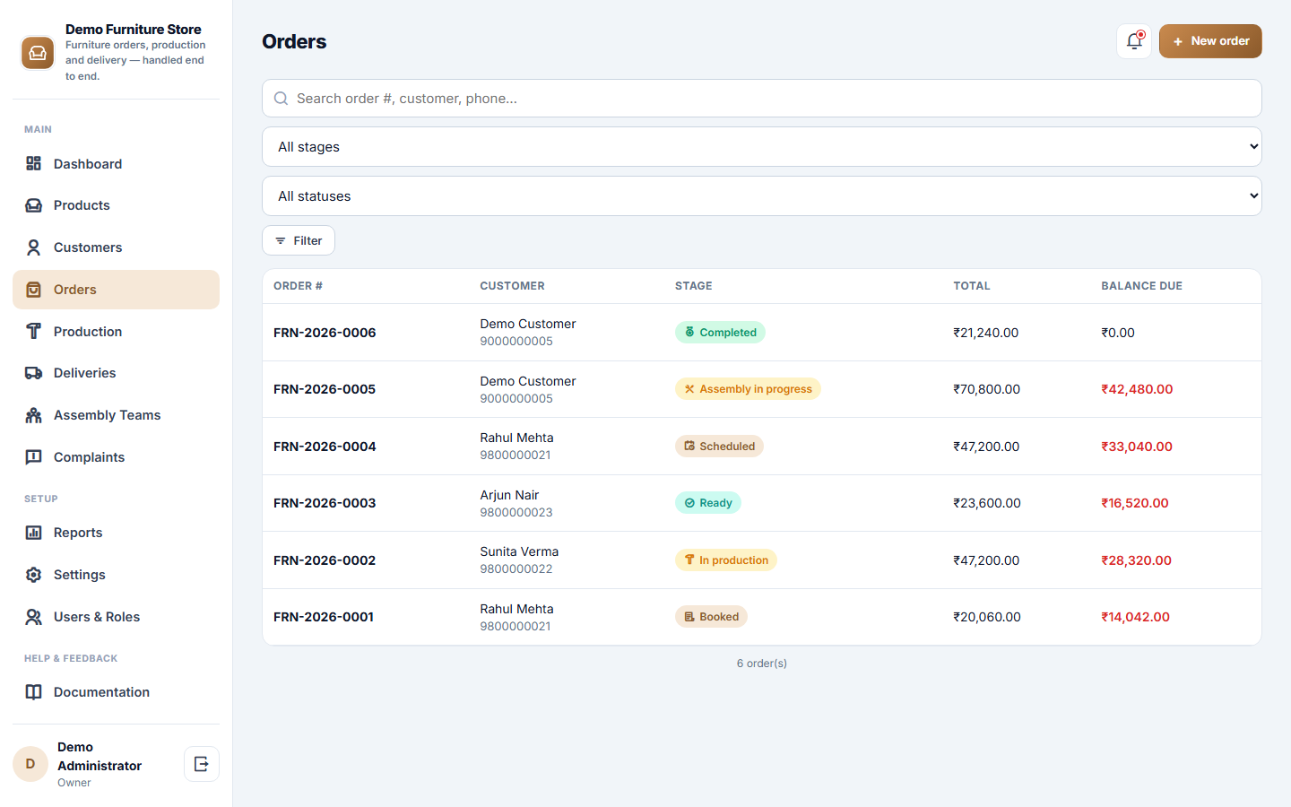 Furniture Store Order, Production and Delivery Management Software screenshot
