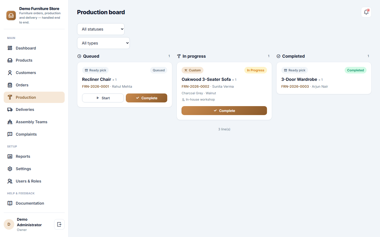 Furniture Store Order, Production and Delivery Management Software screenshot