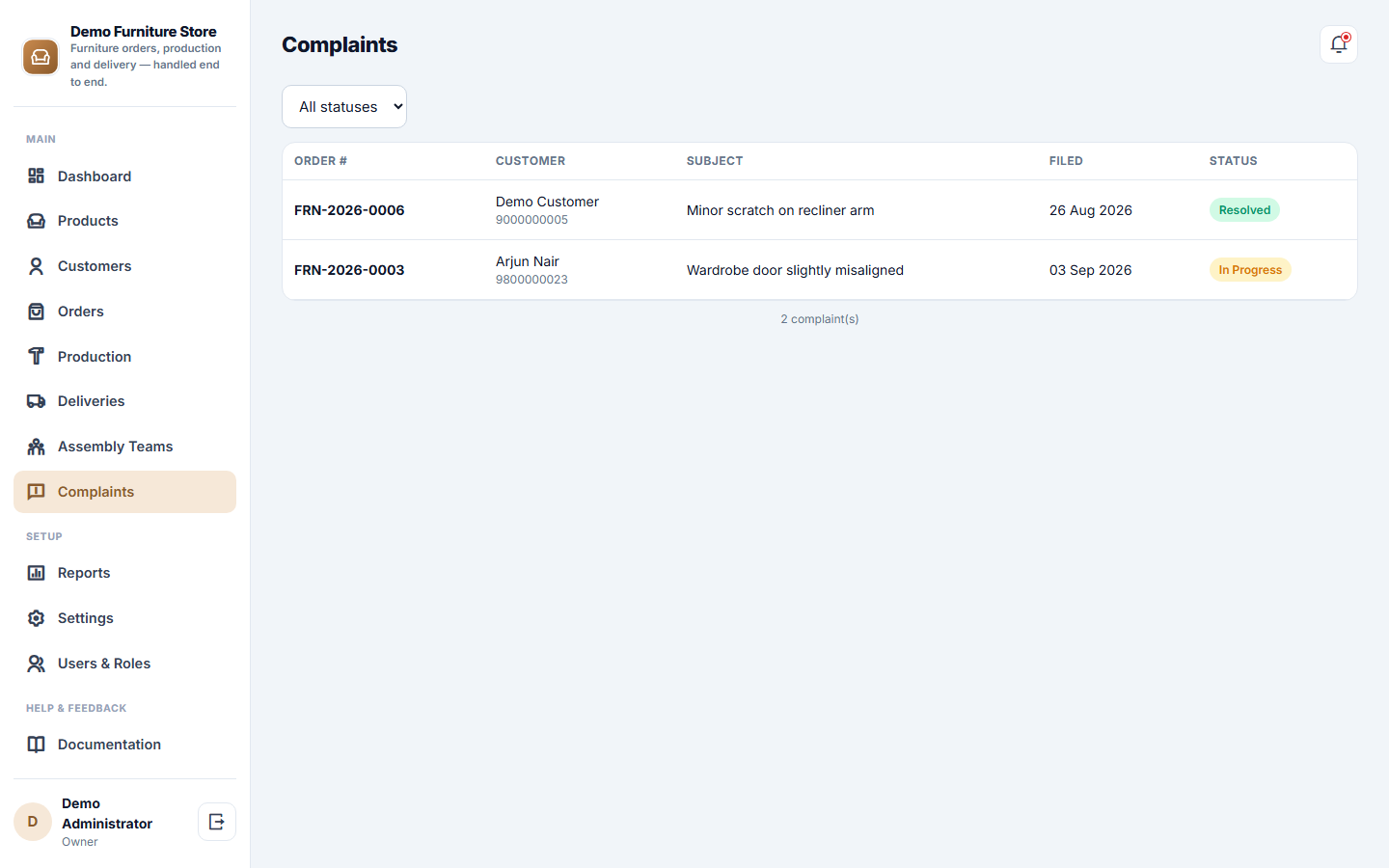 Furniture Store Order, Production and Delivery Management Software screenshot