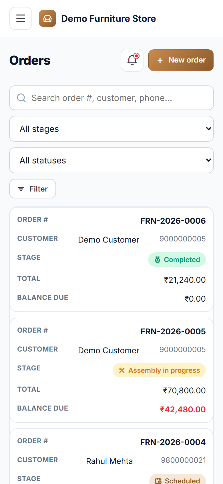 Furniture Store Order, Production and Delivery Management Software screenshot