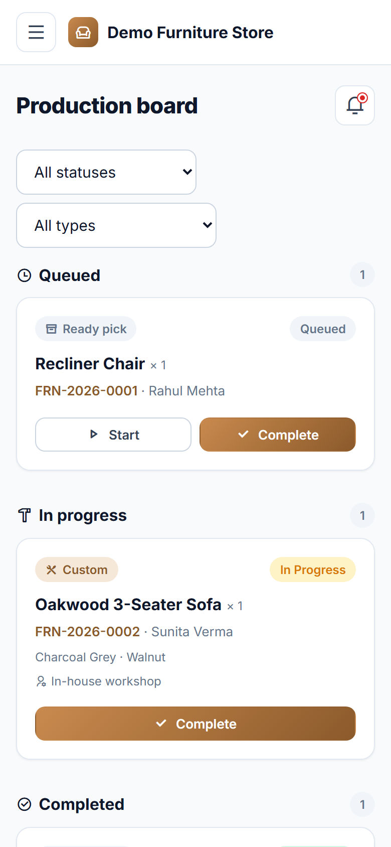 Furniture Store Order, Production and Delivery Management Software screenshot