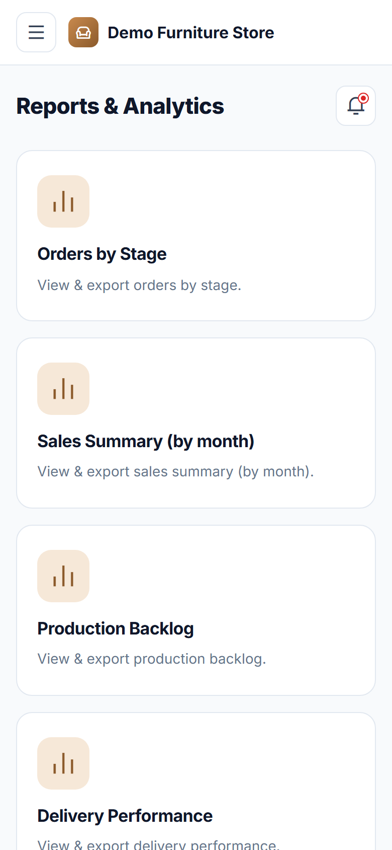 Furniture Store Order, Production and Delivery Management Software screenshot