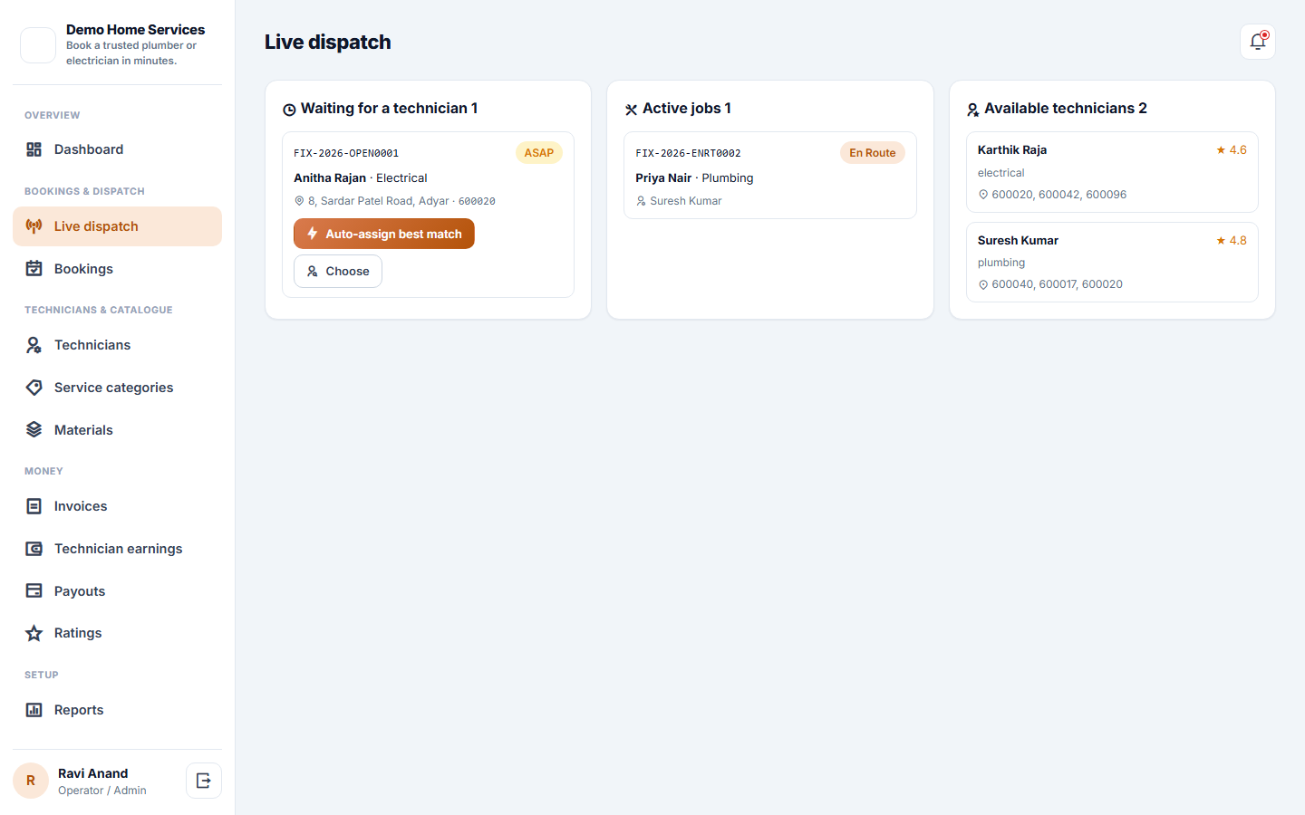 Home Services Booking and On-Demand Technician Dispatch Software screenshot