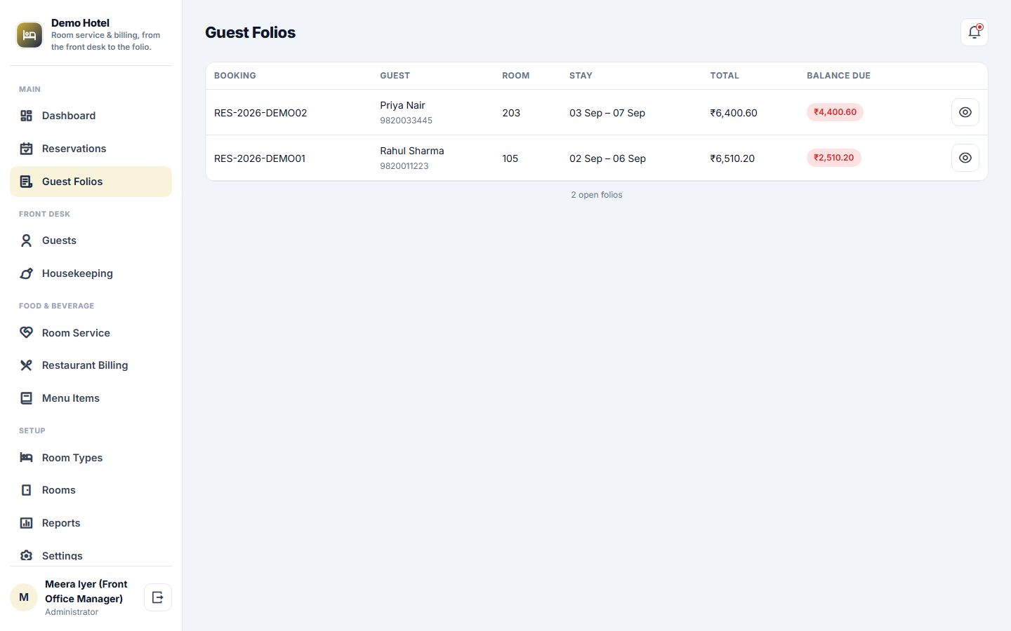 Hotel Room Service & Billing Software, Front Desk, Folio & F&B screenshot