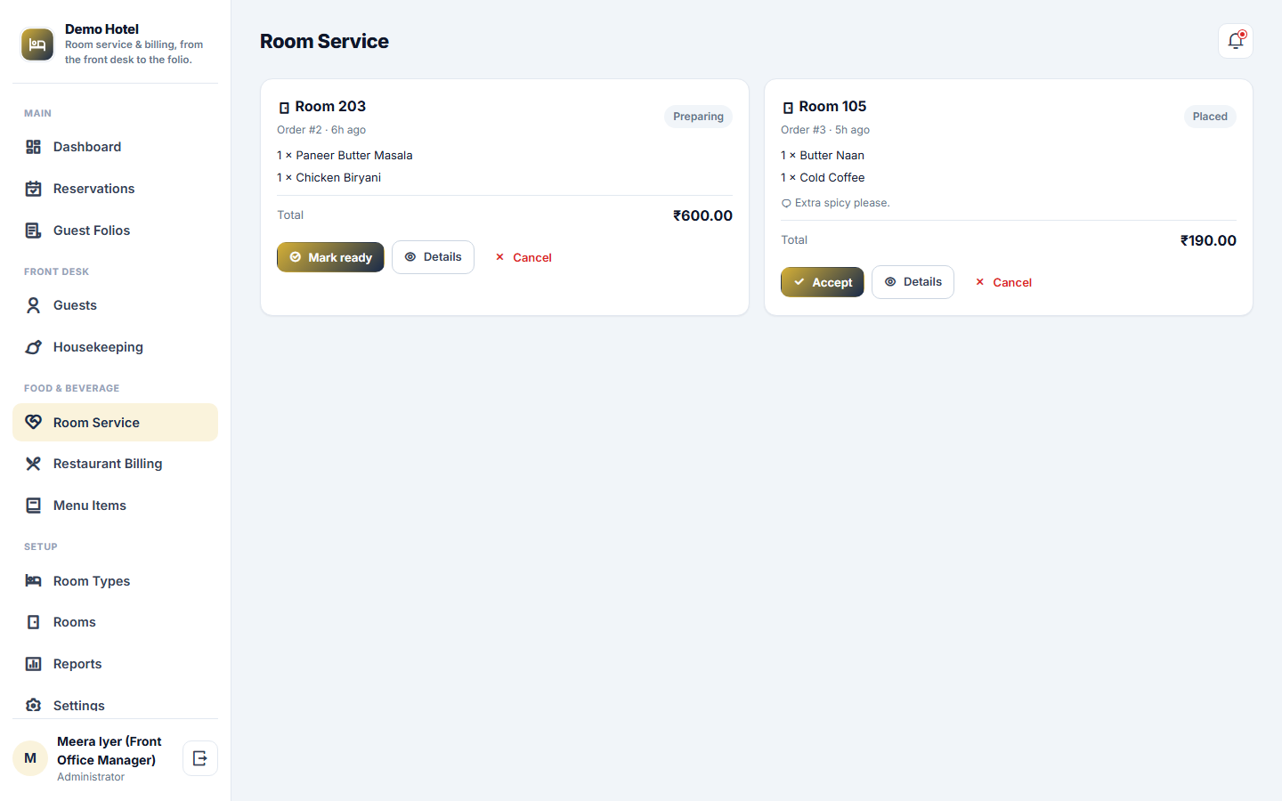Hotel Room Service & Billing Software, Front Desk, Folio & F&B screenshot