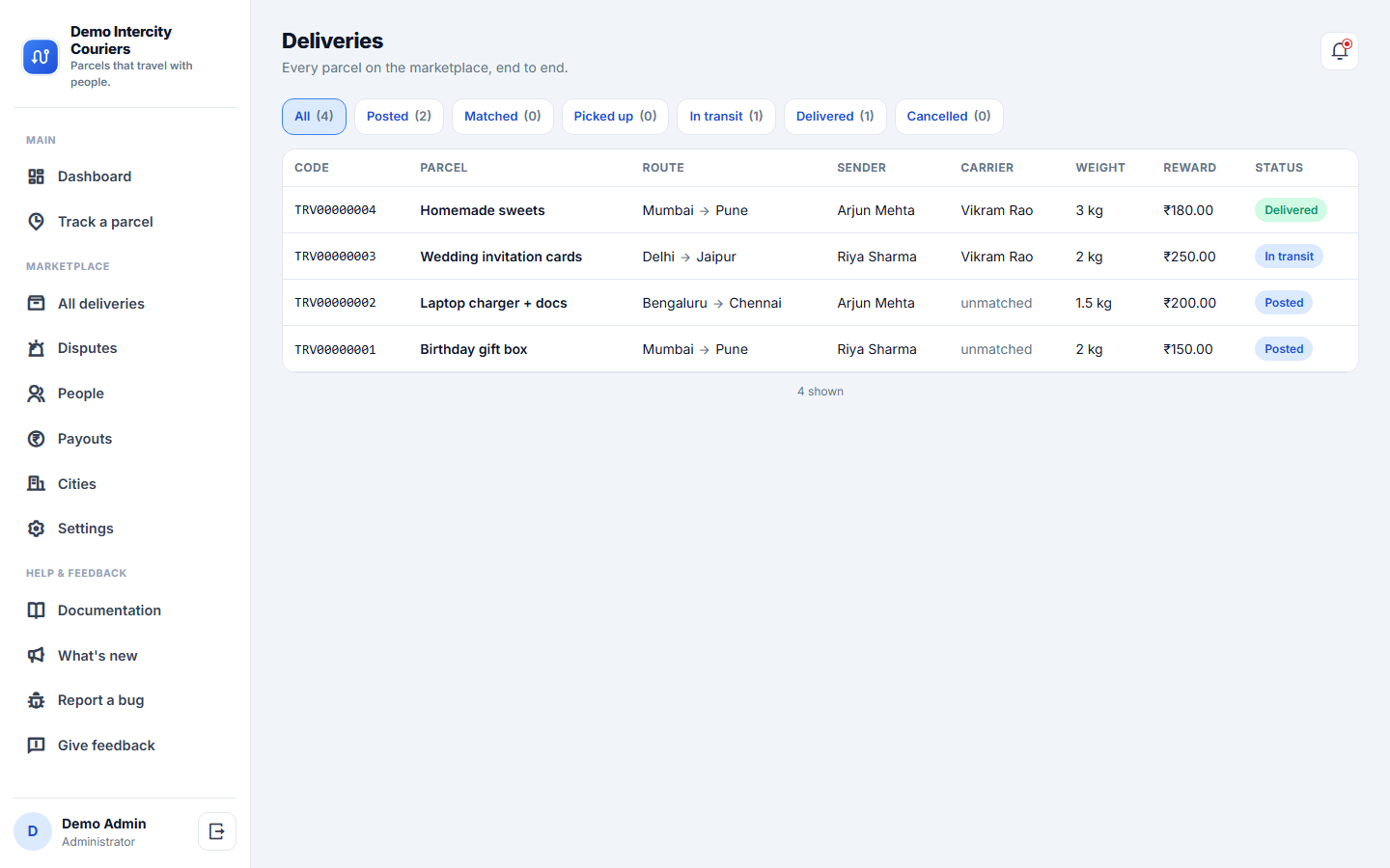 Crowdsourced Intercity Delivery Marketplace Software screenshot