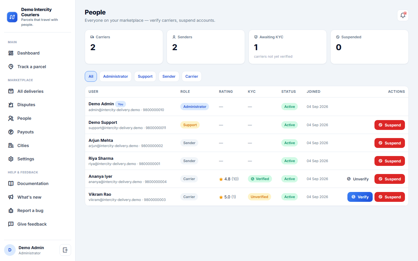 Crowdsourced Intercity Delivery Marketplace Software screenshot