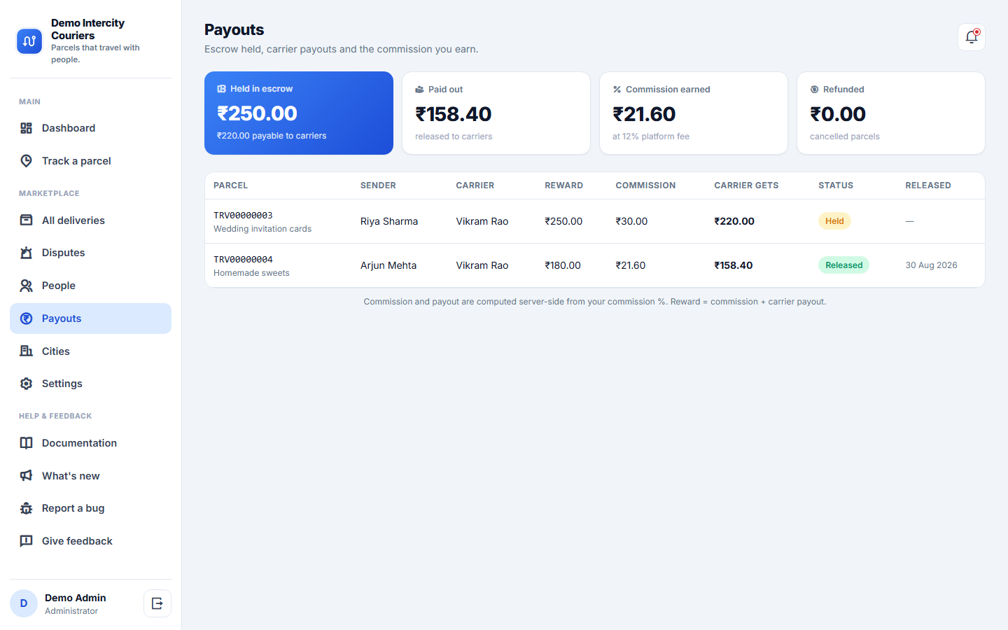 Crowdsourced Intercity Delivery Marketplace Software screenshot