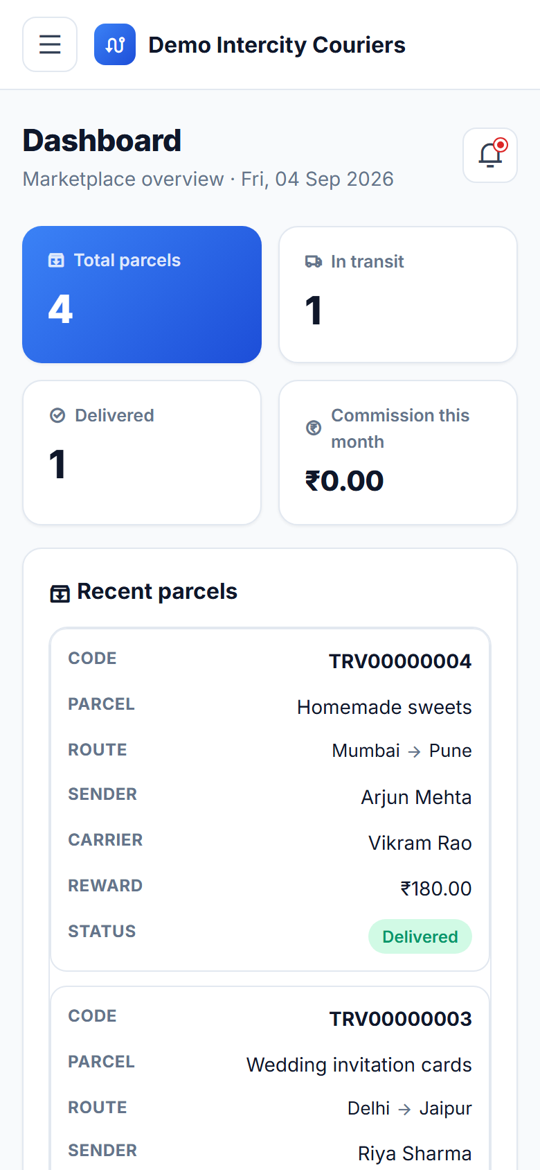 Crowdsourced Intercity Delivery Marketplace Software screenshot