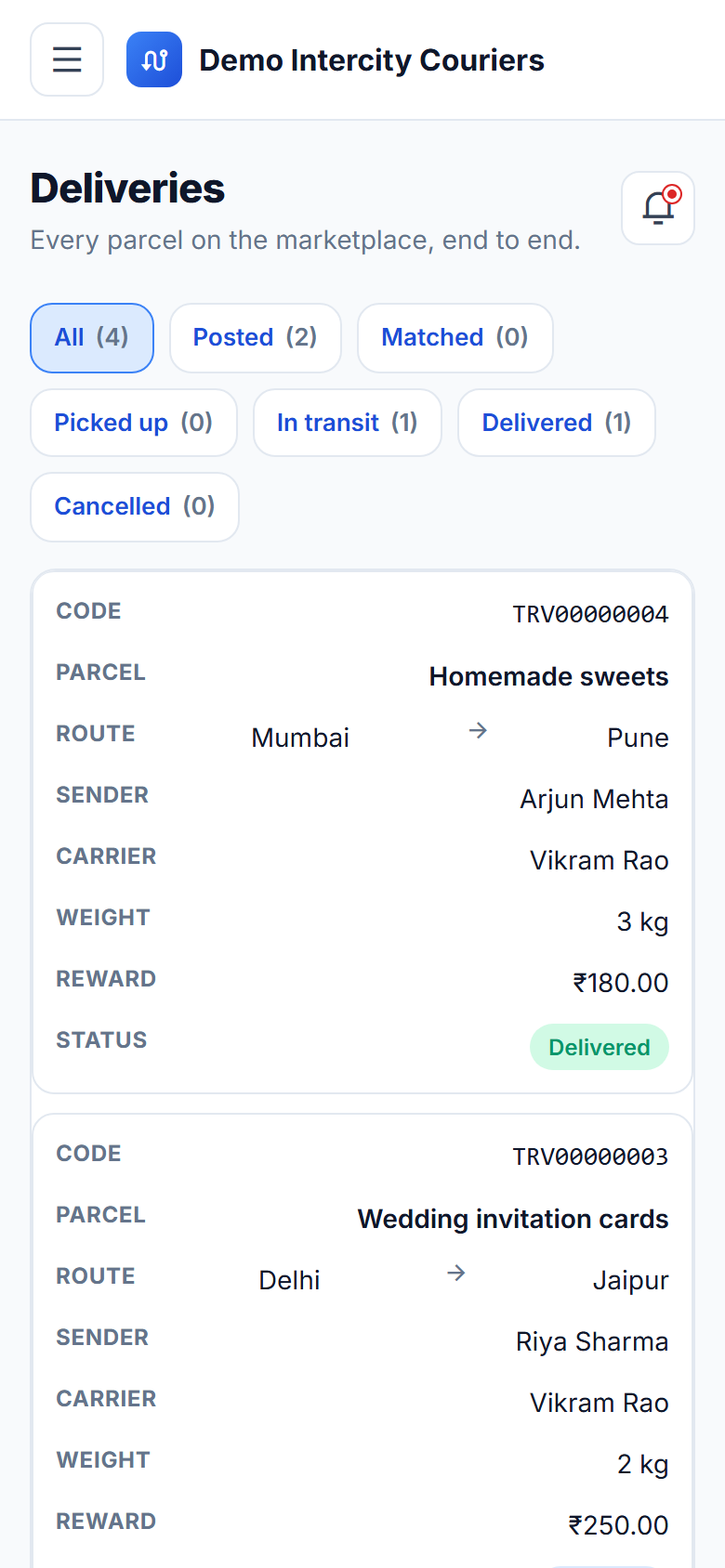 Crowdsourced Intercity Delivery Marketplace Software screenshot