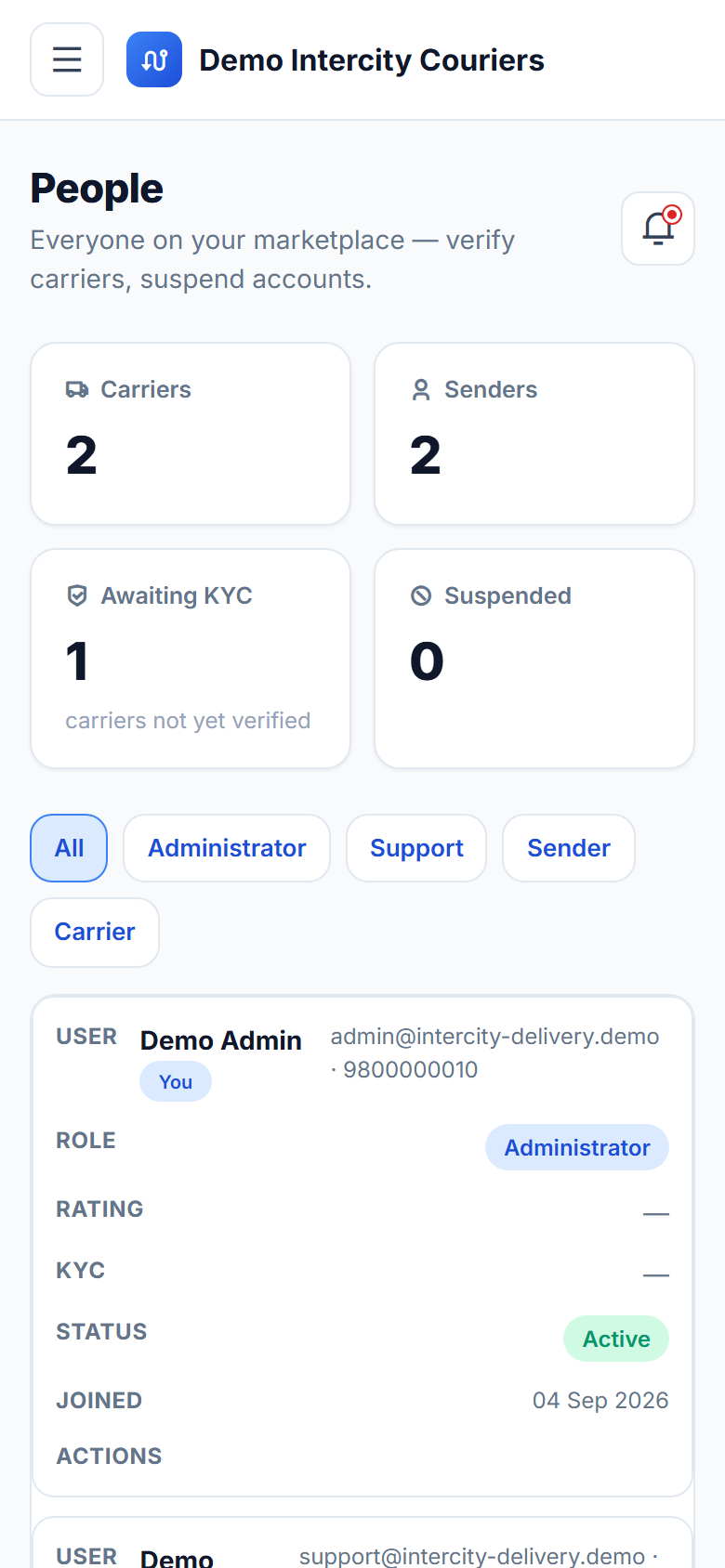 Crowdsourced Intercity Delivery Marketplace Software screenshot